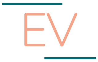 The letters E and V in orange with teal line embelishments